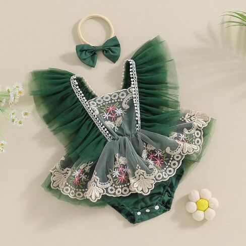 Newborn Baby Girls Rompers Flower Embroidery Mesh Tulle Dress with Headband Infant Summer Outfits (Flower Embroidery Pink, 6-9 Months) in Saudi Arabia