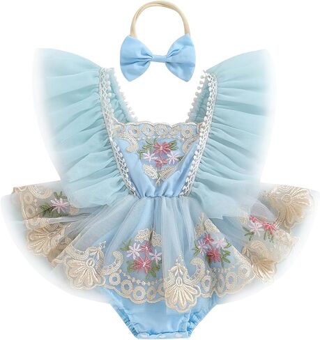 Newborn Baby Girls Rompers Flower Embroidery Mesh Tulle Dress with Headband Infant Summer Outfits (Flower Embroidery Pink, 6-9 Months) in Saudi Arabia