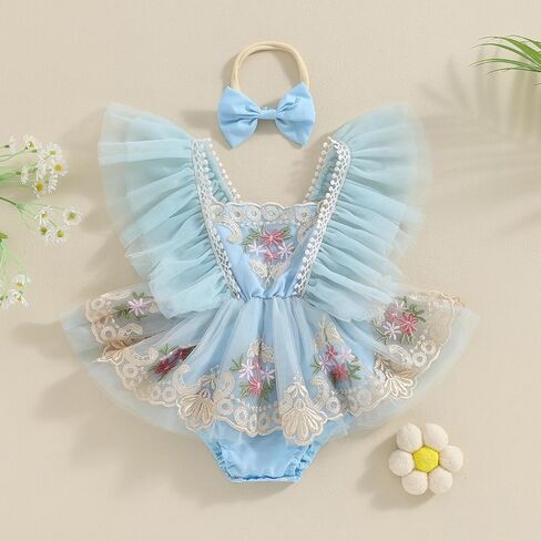 Newborn Baby Girls Rompers Flower Embroidery Mesh Tulle Dress with Headband Infant Summer Outfits (Flower Embroidery Pink, 6-9 Months) in Saudi Arabia