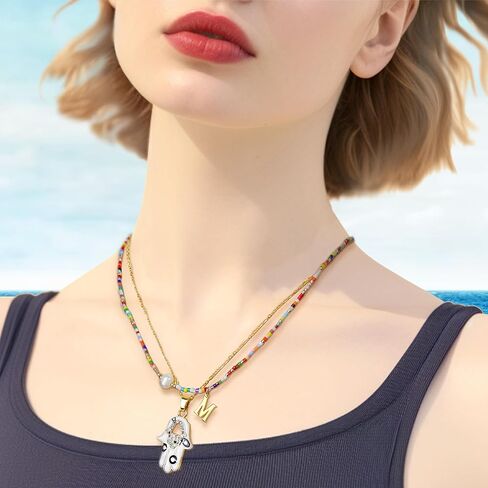 قلادات قلادة أولية مطرزة باللؤلؤ الملون للنساء، قلادة بوهو مصنوعة يدويًا من خرز البذور الشخصية تحمل اسم حرف الشاطئ وسيرفر البوهيمي هدية مجوهرات in Kuwait