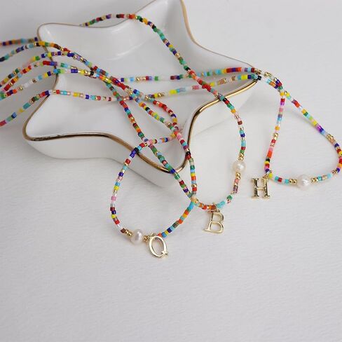 قلادات قلادة أولية مطرزة باللؤلؤ الملون للنساء، قلادة بوهو مصنوعة يدويًا من خرز البذور الشخصية تحمل اسم حرف الشاطئ وسيرفر البوهيمي هدية مجوهرات in Kuwait