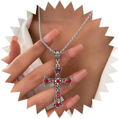Gothic Ruby Cross Pendent Necklace Cz Ruby Cross Choker Necklace Large Cross Necklace Chain Red Crystal Cross Necklace Silver Rhinestone Cross Chain Necklace Jewelry for Women in Saudi Arabia
