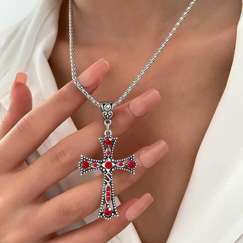 Gothic Ruby Cross Pendent Necklace Cz Ruby Cross Choker Necklace Large Cross Necklace Chain Red Crystal Cross Necklace Silver Rhinestone Cross Chain Necklace Jewelry for Women in Saudi Arabia
