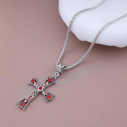 Gothic Ruby Cross Pendent Necklace Cz Ruby Cross Choker Necklace Large Cross Necklace Chain Red Crystal Cross Necklace Silver Rhinestone Cross Chain Necklace Jewelry for Women in Saudi Arabia