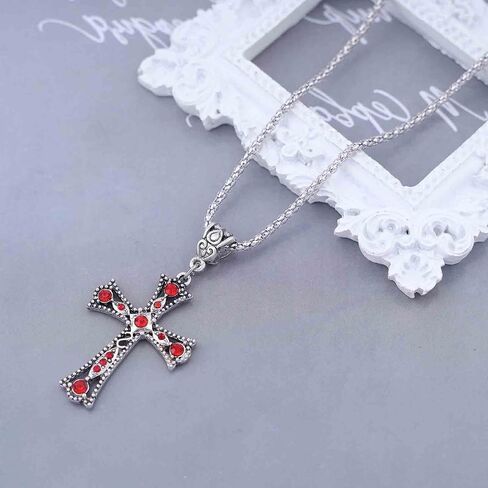 Gothic Ruby Cross Pendent Necklace Cz Ruby Cross Choker Necklace Large Cross Necklace Chain Red Crystal Cross Necklace Silver Rhinestone Cross Chain Necklace Jewelry for Women in Saudi Arabia