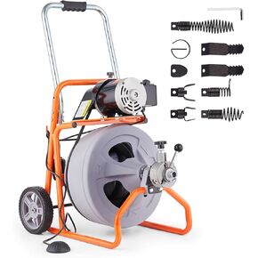 VEVOR Drain Cleaner Machine 100FT x 3/8 Inch, Auto Feed Sewer Snake Drain Auger on Wheels, Portable Drain Cleaning Machine with 8 Cutters & Air-activated Foot Switch for 2" to 4" Pipes