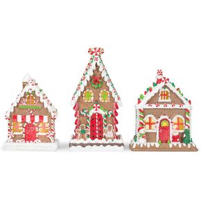 Mark Feldstein & Associates Gingerbread Village Red 8 inch Porcelain Holiday Tea Light Figurines Set of 3