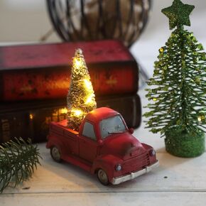 Topadorn Christmas Mini Truck & Tree Figurine Decoration Tabletop Statue with LED Light-up, Vintage Red Car Resin Gift for Home & Bar & Office, 4" W x 2.25" D x 4.25" H