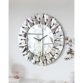 Decorative Mirror Wall Clock: 32 inch Large Mirrored Round Clock with Silver Beveled Glass Mirror Frame Edge Luxury Art Deco Home Furnishing for Living Room Dining Room Bedrrom