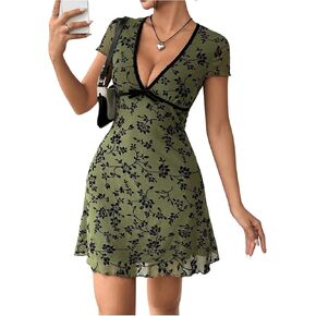 Milumia Women's Floral Print V Neck Short Sleeve Dress Bow A Line Mini Dresses