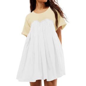 Wenrine Womens Short Sleeve T Shirt Dress Summer Babydoll Patchwork Swing Casual Mini Dresses
