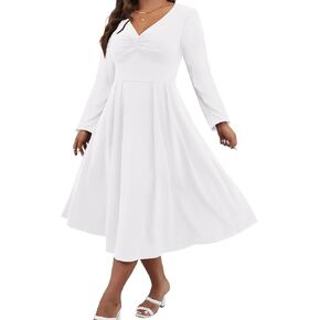 فساتين Nmoder بمقاسات كبيرة للنساء برقبة على شكل حرف V وأكمام طويلة على شكل حرف A فساتين كاجوال متوسطة الطول مع جيوب in Kuwait