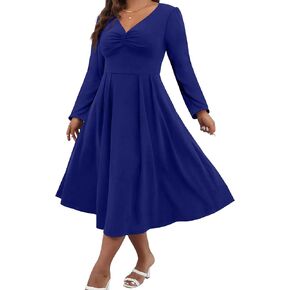 Nmoder Plus Size Dresses for Women V Neck Long Sleeve A-Line Casual Midi Dresses with Pockets