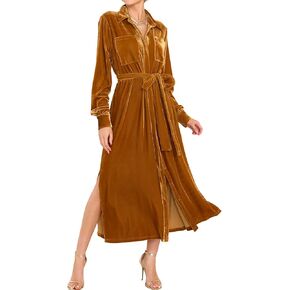 R.Vivimos Women's Fall Long Sleeve Velvet Casual Dresses Button Down Loose Slit Shirt Midi Dress with Belt