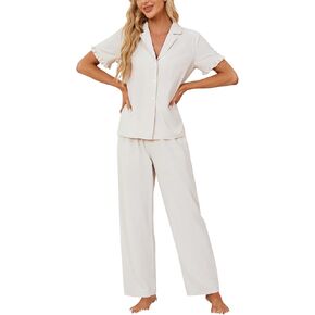 Vrtige Women's Pajamas Set Button Down Frill Trim Short Sleeve Top with Pants Loungewear PJS