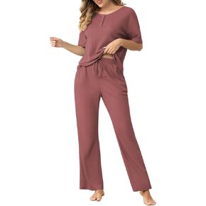 Women's Waffle Knit Pajama Set 2 Piece Matching Set Short Sleeve Top and Pants Lounge Set with Pockets
