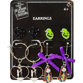 Jack Skellington Gothic Jewelry 4 Hypoallergenic Earrings for Girls 2 Stud Earrings 2 Fishhook Fun Earring Sets with Charms One Size Fits All Girls Earrings The Nightmare Before Christmas Gifts Age 4+
