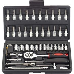 FLZOSPER 46-Piece 1/4-inch 45 Teeth Screwdriver Drive Socket & Bit Set Combination with Reversible Ratchet Wrench Tools Kit for Auto Repairing & Household with Storage Case