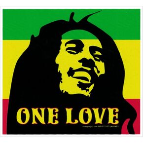 ملصق One Love Bob Marley Reggae Rasta Colors Small Bumper ملصق للسيارات وأجهزة الكمبيوتر المحمولة والدراجات والخوذات وألواح التزلج والخزائن 3.38 × 3.13 بوصة (ملصق فينيل)