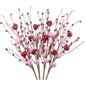 CISDUEO 4Pcs Valentines Day Decor Artificial Flowers Berry Stems Valentine’s Day Picks Red Hearts Artificial Berry Flowers for Valentine's Day Gifts Wedding Floral Arrangement Wreath Table Centerpiece