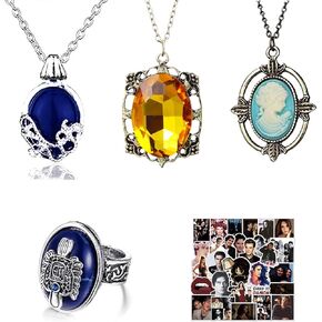 14 pcs The Vampire Elena Daylight Walking Signet Damon's Ring Daywalking Katherine Sapphire Crystal Pendant Necklaces Bonnie Bennett Necklace Set with Sticker