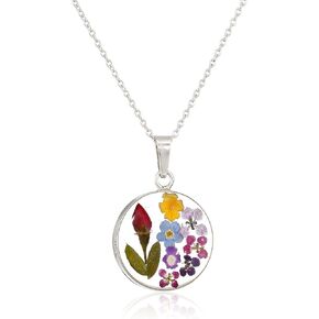 Amazon Essentials Sterling Silver Pressed Flower Round Pendant Necklace, 16" (previously Amazon Collection)