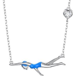 925 Sterling Silver Heart CZ Cute Swimming Girl Pendant Necklace for Women Teen Swimmer Coach Gift