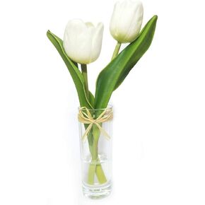 Mini Artificial Flowers Tulips Bouquet in Glass Vase, Home Decor Ornament Wedding Decoration (White)