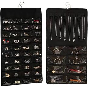 Double Sided Hanging Jewelry Organizer, 48 Pockets Clear Window Large Jewelry Hanging Organizer with Necklace Hanger, Wall/Door/Closet Stud Earring Bracelet Ring Storage