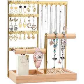 Jewelry Organizer, 4-Tier Earring Holder Organizer with 48 Holes, 6 Hooks Necklace Organizer, Wood Box for Bracelet & Ring(White)