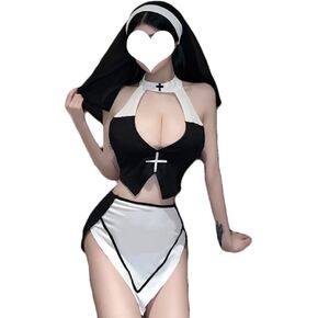 JasmyGirls Nun Costume Sexy Cosplay Lingerie Halloween Anime Maid Outfit Goth Devil Role Playing Fancy Dress Cut Out Top Mini Skirt