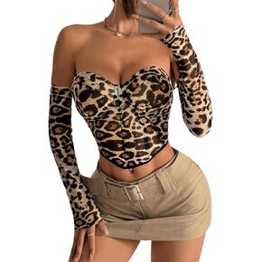 Women's Leopard Mesh Long Sleeve Strapless Corset Top Sexy Trendy Bustier Crop Tube Tops