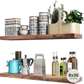 LETTO Set of 2 Solid Wood Floating Shelves - Floating Shelves for Wall - Bathroom Wooden Shelves - All Included Set-up - Mounted - Home Decor - 36" Width x 1.57" Height x 8" Depth - Cinnamon