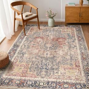 Kokia 9x12 Area Rugs for Living Room, Machine Washable Non Slip Vintage Boho Rugs, Low Pile Distressed Medallion Print Rug for Bedroom, Dining Room Olive 9 x 12