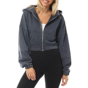 MixMatchy Women's Casual Vintage Acid Wash Zip Up Cropped Hoodies Sweatshirts Fleece Jacket Fall Winter Outfits 2024