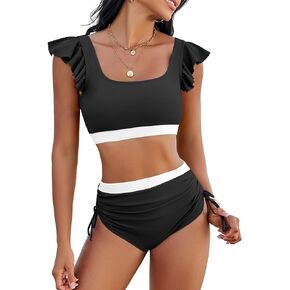 High Waisted Bikini Sets for Women Tummy Control Swimsuit 2 Piece Color Block Ruffle Bathing Suits Teens