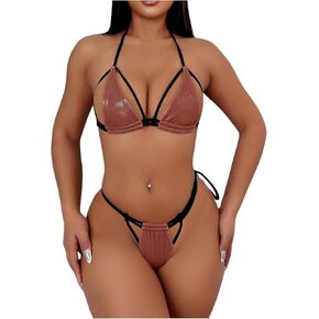 SweatyRocks المرأة 2 قطعة Colorblock ملابس السباحة مجموعة بولي Leather الجلود قطع الرسن بيكيني لاسلكي مجموعة التعادل الخلفي عالية قطع ملابس السباحة in Kuwait