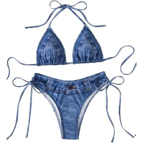 MakeMeChic Women's Bikini Set Denim Print Halter Tie Back Triangle Swimsuit Beachwear