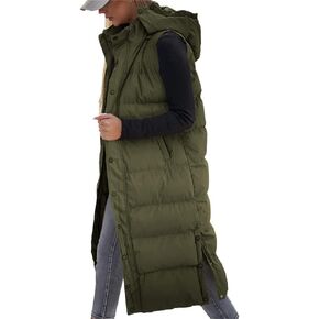 Tankaneo Women's Sleeveless Long Quilted Vest Hooded Button Down Puff Vest Cotton Padded Jacket Winter Outerwear