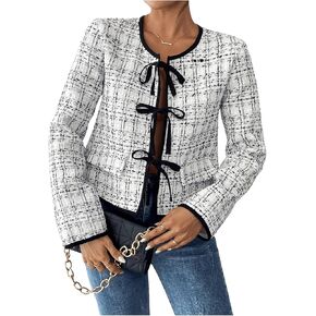 MakeMeChic Women's Graphic Print Bow Front Jacket Long Sleeve Crop Jackets Outerwear