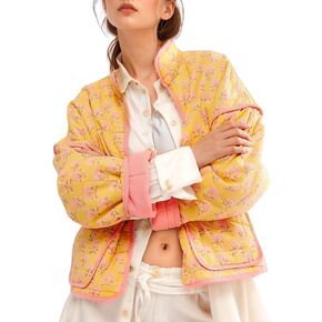VDWIP Women's Quilted Puffer Jacket Lightweight Floral Print Padded Coat Cropped Open Front Puffy Cardigan Outwear