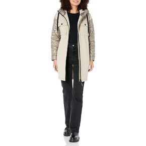 Calvin Klein Women's Petite Hooded Faux Wool Mix Puffer Zip Up Jacket