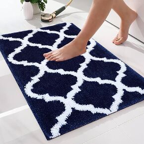 Bathroom Rugs Bath Mat, Super Soft and Water Absorbent Microfiber Striped Bath Rugs, Non-Slip Shaggy Bath Mats, Extra Thick Machine Washable Carpet for Tub Shower Bath Room (Navy Blue, 16"x24")