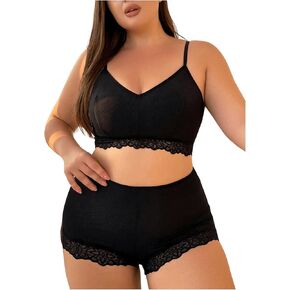WDIRARA Women's Plus Size Contrast Lace Sexy Lingerie Set V Neck Wireless Bra and High Waist Panty 2 Piece Set