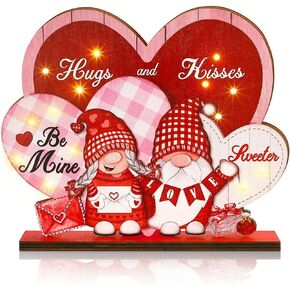 Bencailor Valentines Day Decor LED Light up Gnome Heart Sign Wooden Valentine Block table Decor Centerpiece Hugs and Kisses Be Mine Sweeter Sign for Home Mantel Indoor Tabletop Shelf Desk Decoration