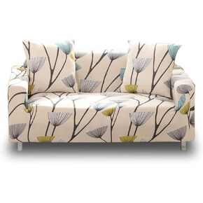 Lamberia Printed Sofa Cover Stretch Couch Cover Sofa Slipcovers for 4 Cushion Couch with Two Free Pillow Case (Dandelion, Sofa 4 Seater), Beige