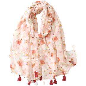 amokk Boho Floral Scarf for Women Lightweight Fashion Hijab Head Scarves with Tassels