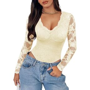 SAUNGKUAI Women's Sexy Lace Bodysuit V-Neck Long Sleeve Lace Body Suits Tops Double Lined Slimming Thong Outfits