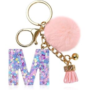 Initial Keychain Accessories for Girls, Pink Pom Pom Letter Keychains, Fur Ball Key Chain for Backpack, Bag, Purse