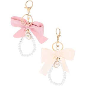 Holibanna Rhinestone Pearl Keychain 2pcs Bow Charm Key Chain Car Hanging Ornament Bling Purse Keyring Pendant for Backpack Handbag